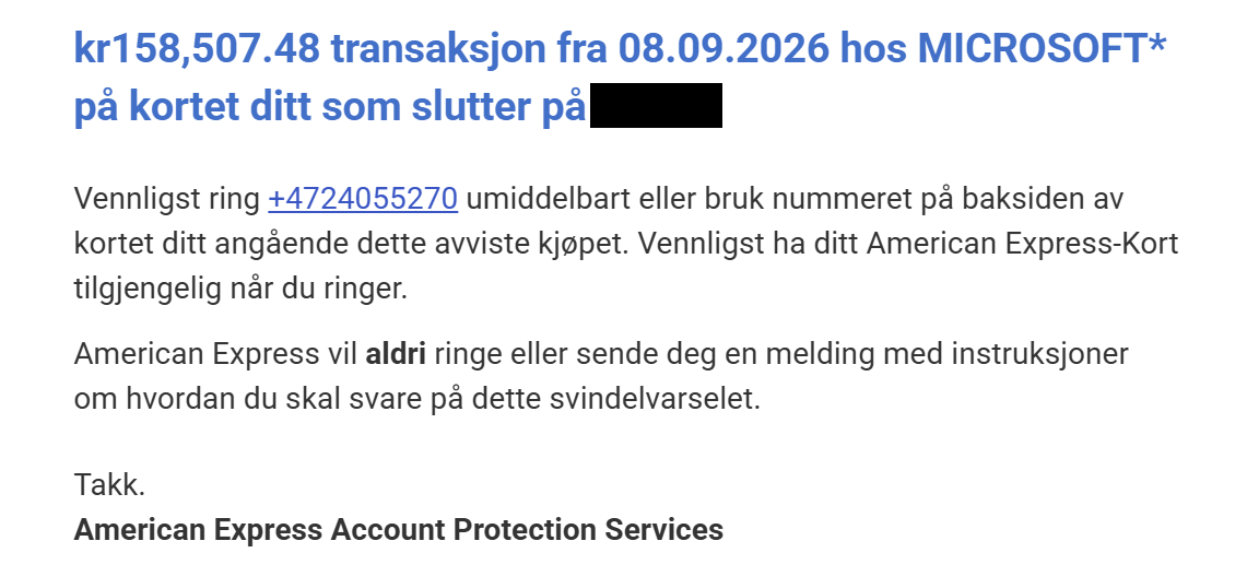 American Express fraud alert, in Norwegian, for the declined Microsoft charge on 8 September