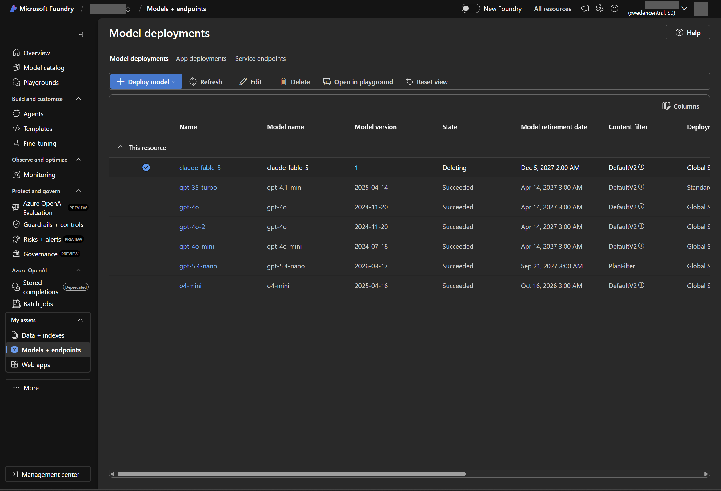 Foundry model deployments: claude-fable-5 listed with the GPT deployments