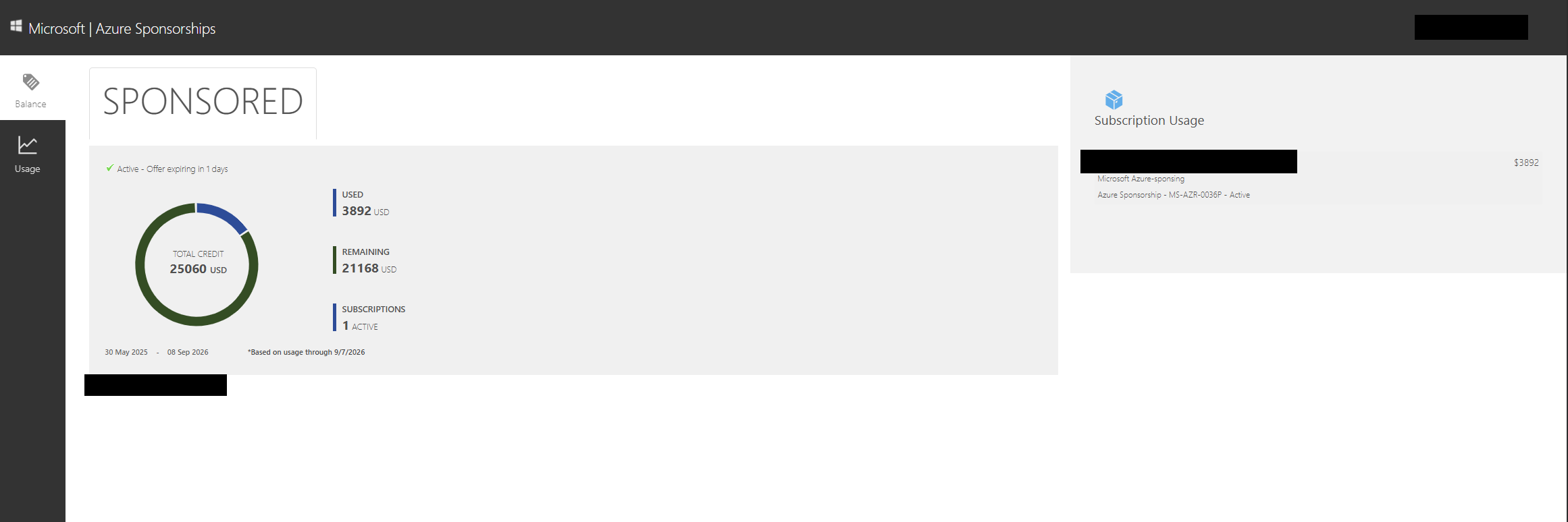 Azure Sponsorships balance on 7 September: USD 3,892 used, USD 21,168 remaining